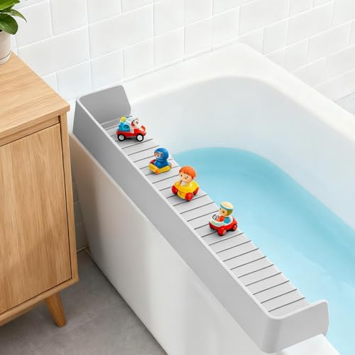 ZingFsh Bathtub Splash Guard for Kids,2.6 FT Silicone Bathtub Play Shelf with 11 Suction Cups, Bath Tub Ledge Shelf for Kids, Prevents Water Spills in Bathroom (Grey)