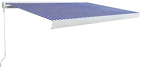 Manuell kassettmarkis 400 x 300 cm – blått och vitt solskydd för utomhusbruk UV-skydd enkel installation väderbeständigt tyg perfekt för uteplatser och däck