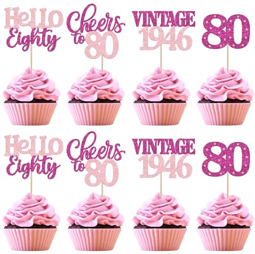 24 Pack 80th Birthday Cupcake Toppers Glitter 80 Hello Eighty Vintage 1946 Cupcake Picks Cheers to 80 Cake Decorations for 80 Fabulous 80th Birrthday Party Cake Decoration Bright Rose Red