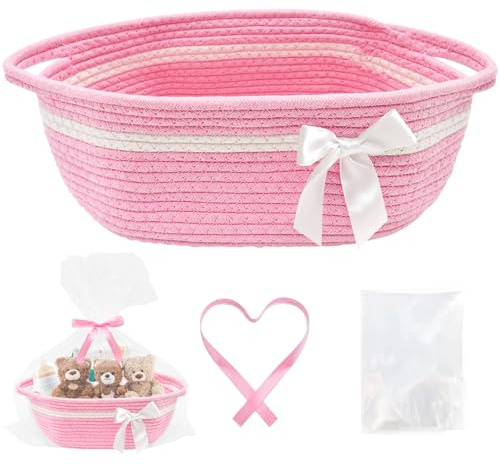 Cyiecw Präsentkorb Leer Rosa, Geschenkkorb Klein aus Baumwollseil, Geflochtener Korb für Geschenke Baby, Osternest Korb Aufbewahrungskorb, Spielzeugkorb mit Geschenktüte und Schleife (Rosa)