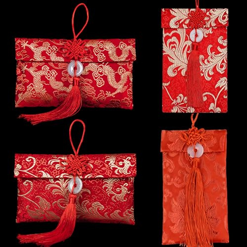 Amreich Embroidery Silk Red Envelops Chinese 4PCs Money Cash Gift Envelopes