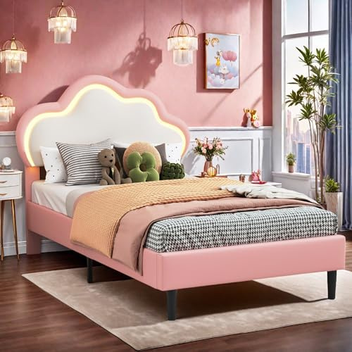 Yeutre Barnsäng, vadderad 90 x 200 cm, prinsessa, molnsäng med LED, enkelsängar, med justerbar sänggavel och ribbotten, rosa (utan madrasser) (rosa B, 90 x 200 cm)