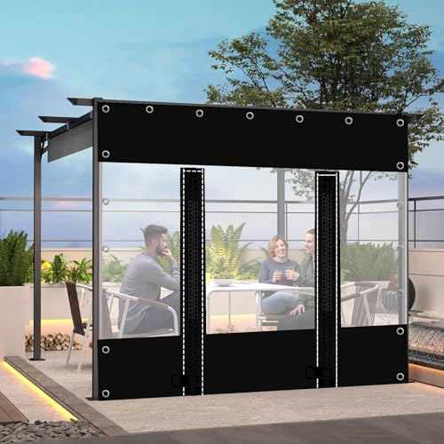 Tende Per Eventi e Tendoni Con Cerniere,Pannelli Laterali in Telone Nero Trasparente,Tende Impermeabili in Teloni Trasparenti,Telone in Plastica Pvc Da 0,3mm Con Occhielli,W×H-3.7×2.2m(12.1 * 7.2ft)