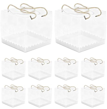 XIAOjnHONG Transparent Cake Boxe, 10 Pcs PET Clear Cake Boxes with Handle and Base, Square Plastic Baking Box for Cakes Present in Wedding Birthday Party Ornament Packing (12x12x12cm)