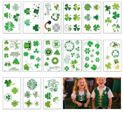 KLINNA Juego de 15 hojas de tatuajes temporales impermeables para niños y adultos, tatuajes de la suerte irlandeses, hojas verdes, amigables con la piel