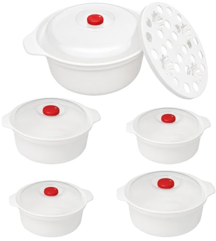 Sxutop 5 Tlgs Mikrowellengeschirr mit Deckel Mikrowellen Geschirr Set | Kunststoff Heizschüssel,Mikrowellenteller mit Belüftung,Vorratsdosen Schüssel,Runde,in Mikrowelle oder Gefrierschrank