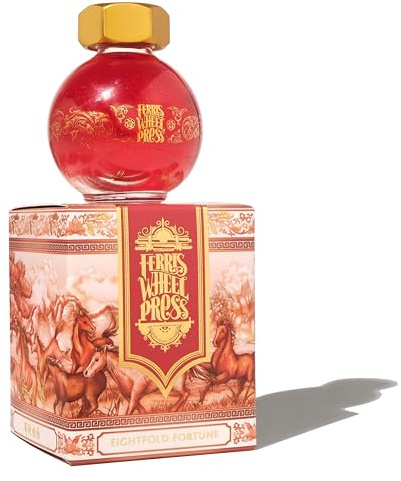Ferris Wheel Press Ink, 2026 Ferritales Limited Edition, Eightfold Fortune, Fiery Crimson Red with Champagne Rose Shimmer, 20ml Fountain Pen Ink Bottle