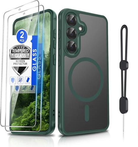 Dizn Magnetic Phone Case for Samsung Galaxy S24/S25 with 2 Tempered Glass,Fit for MagSafe,Cellphone Lanyard, Matte Translucent Thin Soft, Protection Cell Cover for Samsung Galaxy S 24/S 25,Green