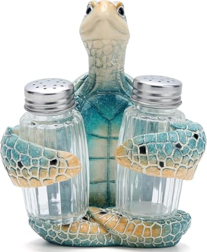 ZAWUU Sea Turtle Salt and Pepper Shakers Set with Decorative Resin Holder - Nautical Coastal Kitchen Decor for Beach House, Ocean Themed Table Centerpiece & Unique Housewarming Gift