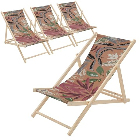 ECD Germany 4er Set Liegestuhl klappbar Floral Braun-Rot-Grün, Strandliege aus Holz, Sonnenliege mit verstellbarer Rückenlehne, Strandstuhl bis 120kg, Gartenliege Relaxliege für Garten Balkon Terrasse