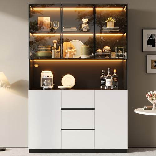 Merax Glasvitrine mit LED 120×40×200 cm, Vitrinenschrank aus gehärtetem Glas mit offenem Fach und Kabelmanagement, 3 Schubladen und 2 Türen, Standvitrine für Wohnzimmer und Esszimmer, Weiß+Schwarz