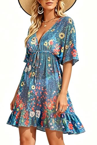 Mujer Vestido de Playa Vestidos Cuello en V Bikini Vestido de Vacaciones | Vestido con Cordón, Falda con Volantes, Mangas con Volantes, Cuello en V, Sexy y Casual, Perfecto para las Vacaciones