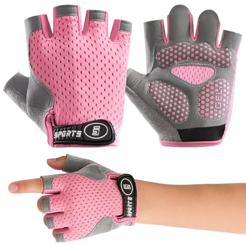 MNYXIS Guantes Bici Niño y Niña, Guantes Ciclismo Infantil de Medio Dedo con Silicona Antideslizante y Almohadilla 3D, Transpirables para Patinaje, Escalada y Bicicleta, Rosa, L (6-12 Años)