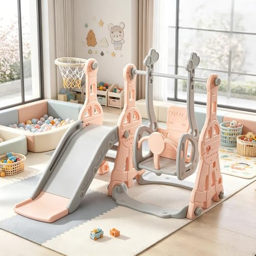 Kinderrutsche 4 in 1 mit Schaukel und Basketballkorb, Rutsche für den Innen- und Außenbereich, freistehendes Kletterset für Kleinkinder, geeignet für Garten, Spielplatz (Rosa)