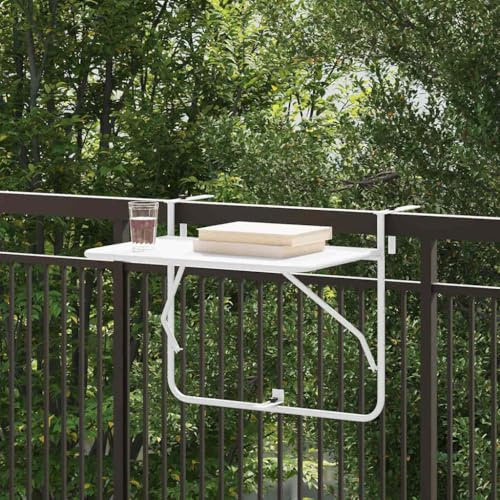 Tonture Tavolo da balcone sospeso, bianco, in acciaio, 60 x 39 x 65 cm, pieghevole, salvaspazio, resistente alle intemperie, per balcone, terrazza, giardino, veranda, con struttura stabile e