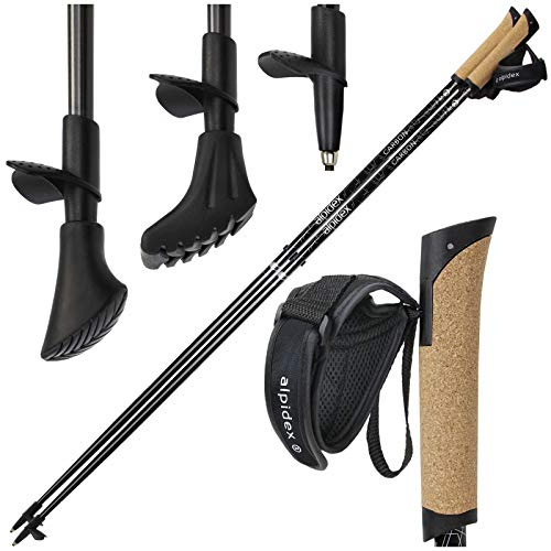 ALPIDEX Nordic Walking Stöcke Carbon superleicht Fixlänge Hartmetall Kork | Walkingstöcke, Handschlaufe, Gummipuffer, Asphaltpad, Gummigriff, 138 g pro Stock, Fitness