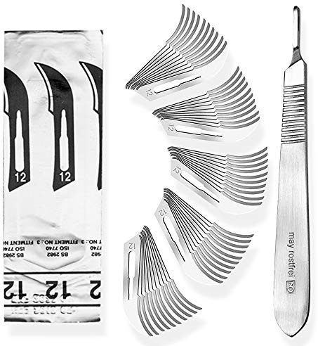 Set - 50 Stück Skalpellklingen Figur 12 aus Karbonstahl - Ersatzklingen einzeln steril verpackt + 1 x May - Skalpell-Halter - Edelstahl