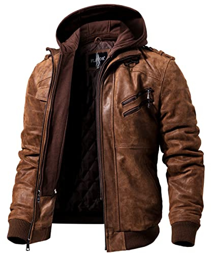 FLAVOR Men's Leather Motorcycle Jacket with Removable Hood Brown Pigskin. (XXX-Large, Brown)