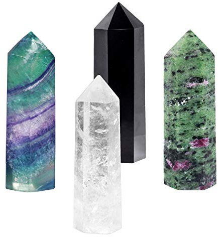 SUNYIK Gemstone Healing Crystal Points Wand, Single Terminated Wand Prism for Meditation, Fluorite Ruby in Fuchsite Rock Quartz Black Obsidian, Pack of 4