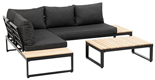 greemotion Lounge-Set Rio, Gartenmöbel-Set aus Aluminium & Akazienholz FSC 100%, Schwarz / Holzfarben / Grau, Mittel