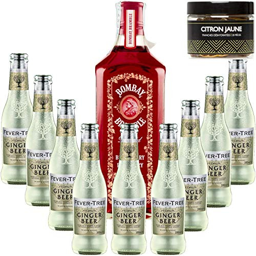 Paquete Gintonic - Gin Bombay frambuesa + 9 Fever Tree Ginger Beer Agua - (70cl + 9 20cl *) + Pot 20 rodajas de limón seca verde
