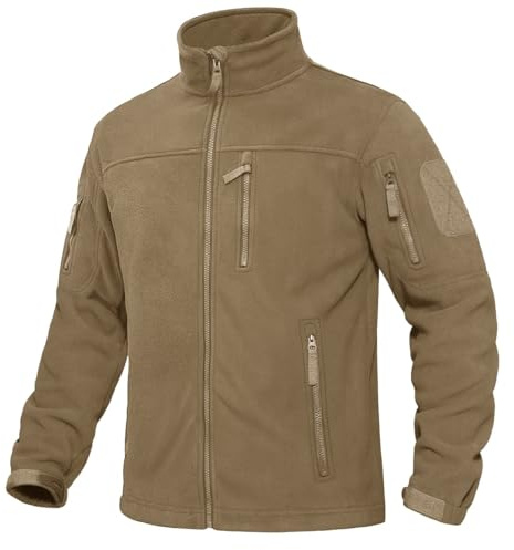 KEFITEVD Fleecejackor för män vinter vindtät dragkedja jacka varma taktiska rockar militära ytterkläder med 6 fickor, Khaki, XL