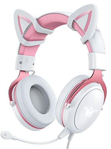 PHNIXGAM Cat Ear Gaming Headset, Wired Over-Ear Headphones with Microphone, Surround Sound, LED Backlight for PS4, PS5, Xbox One(No Adapter), PC, Mobile Phone, White & Pink