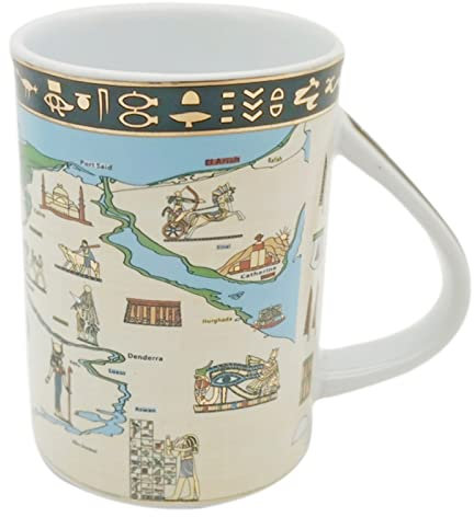 Taza de café de cerámica de porcelana estilo antiguo egipcio, taza dorada grande para café, té, regalo o recuerdo para familiares amigos, hogar, cafetería, restaurante, hotel, 280 ml (beige y azul)