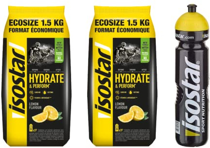 isostar-Set - 2x1.5kg Zitrone + 1x1L Flasche | Hydrate & Perform Iso Drink | Isotonisches Getränkepulver | Elektrolyt Pulver zur Unterstützung der sportlichen Leistungsfähigkeit | Elektrolyte Pulver
