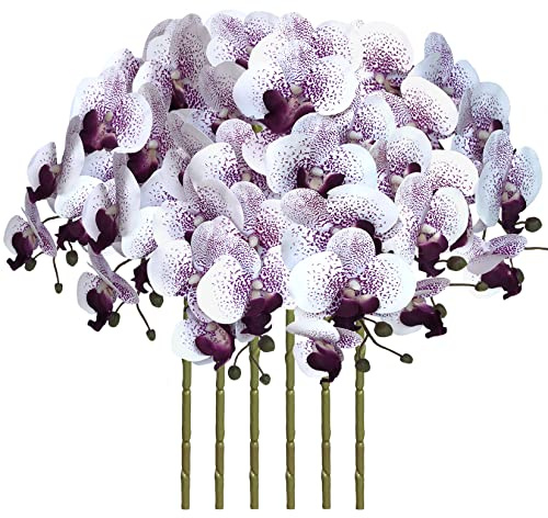 FagusHome 6 Stück Künstliche Phalaenopsis Blumen Weiß 80cm Künstliche Orchideenblumen Stammpflanzen für Wohnkultur (Violett Core)
