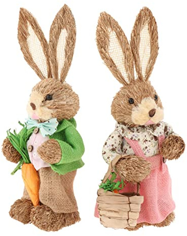 UGPLM Conejito de paja de Pascua de 35 cm, suministros de fiesta, manualidades de pie con temática de Pascua, decoración de conejo, figuras de conejo para fiesta en interiores, verde y rosa