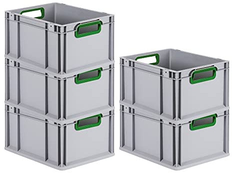 PROREGAL SET SUPER ÉCONOMIQUE 5x Bac Euro NextGen Color | HxLxP 22x30x40cm | 20 litres | Poignées vertes ouvertes | Fond lisse | Eurobox, empilables
