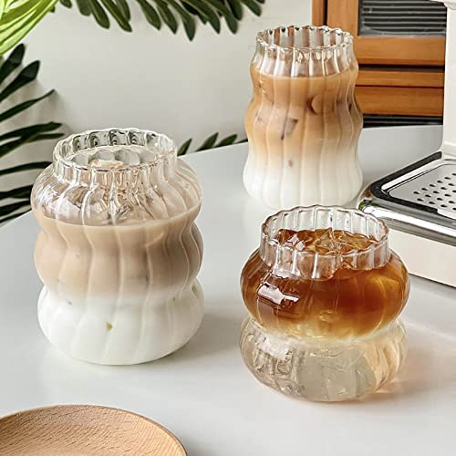 ChYoung 2pcs / 3pcs Ribbed Ice Coffee Cup Vintage Drinking Glasses Tumblers Gourd Shape Latte Glass Ripple Glassware Wave Shaped Cups for Tea, Milk, Whisky, Bar Accessories (3PCS(410ML+530ML+650ML))