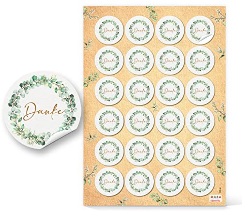 Aufkleber Danke mit Eukalyptus-Kranz, 24er Set: Für Taufe, Kommunion, Konfirmation & Firmung, Runde Sticker in Grün & Gold, Deko für Hochzeit & Geburtstag, Perfekt für Karten & Geschenke, Ø 4 cm