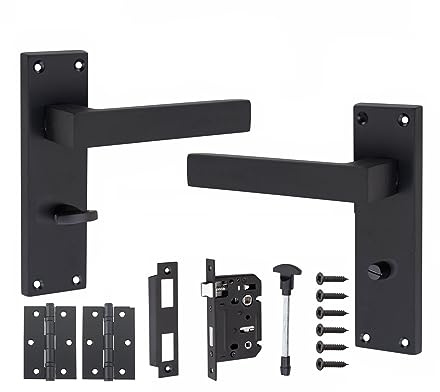 Golden Grace Victorian Straight Bathroom Door Handles, Matt Black | Includes 1 pair of 3-inch ball bearing hinges and a 64mm bathroom mortise lock, zinc-built for long-lasting durability.