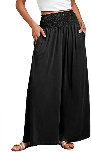 ANRABESS Women Palazzo Pants Summer Boho Bagyy Wide Leg High Smocked Waist Casual Loose Lounge Pant with Pocket Black XX-Large