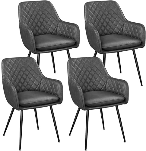 Yaheetech Esszimmerstühle 4er Set Küchenstühle, Polsterstühle mit Armlehnen Metallbeine, Seesel aus Kunstleder für Arbeitszimmer/Wohnzimmer, Dunkelgrau, Kunstleder