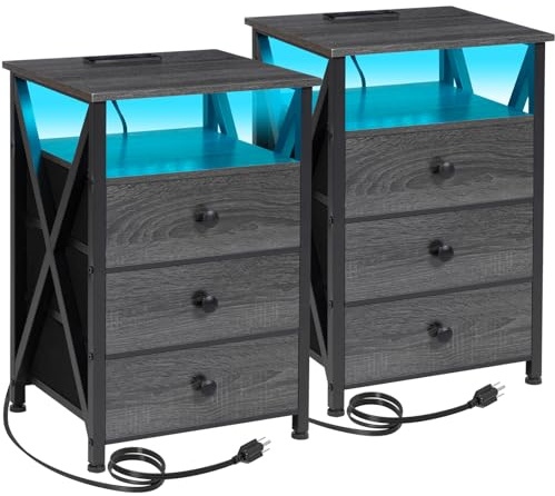 AMHANCIBLE Night Stand Set 2, LED Nightstand with Charging Station, End Side Tables with USB Port & Outlet, Bedside Table with Fabric Drawers for Bedroom, Dark Grey, HET053LDG