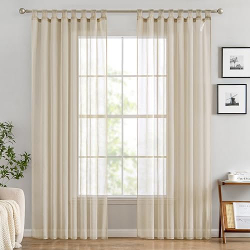 EMEMA Gardinen Transparent Vorhang Set Wohnzimmer Voile Schlaufenschal mit Bleibandabschluß 2er-Pack Wohnzimmer Luftig Dekoschal für Schlafzimmer 140 X 225 cm (B x H) Beige