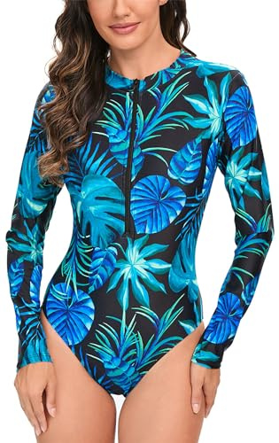 SEAUR Rashguards Une Pièce pour Femme Maillot de Bain Surf Manches Longues Sexy Dame Rash Guard Anti-UV Plage Plongée Imprimé FloraleXL