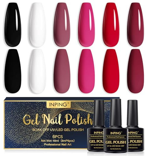 INPING Kit Semipermanente per Unghie, 6 Colori, Nero Bianco Nude Smalto Soak Off UV/LED Lampada DIY Manicure Nail Art Set, 8ml