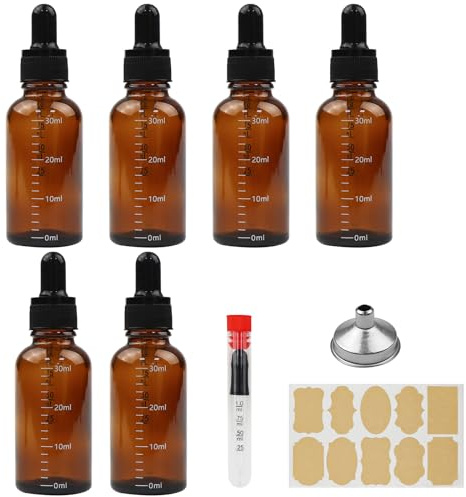 DRERIO 6 Stück Pipettenflasche 30ml Apothekerflasche Braunglas mit Pipette und Trichter, Glaspipette Tropfflasche für Ätherische Öle, Parfümöle und Aromatherapie