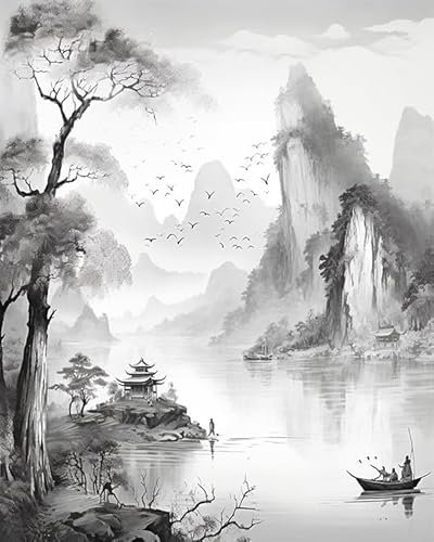 ZMHZMY Malen nach Zahlen Erwachsene, Landschaftsmalerei im chinesischen Stil 40 x 50cm DIY Handgemalt Ölgemälde Kits auf Leinwand Geschenk für Weihnachten Geburtstag, Home Haus Deko