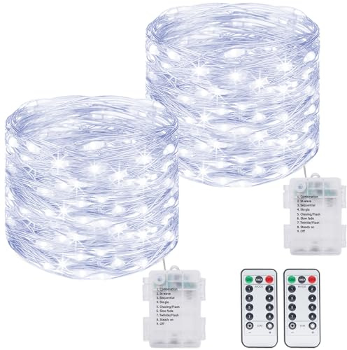 kolpop 2 Stück Lichterkette Batterie, 12M 120 LED 8 Modi Draht mit Fernbedienung und Timer Wasserdicht für Außen Innen Weihnachtsbaum Deko, Kaltweiß