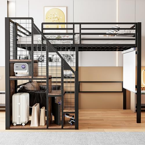 Moimhear Letto a soppalco con scala di sicurezza 140x200 cm, letto per bambini con struttura in ferro e vano contenitore, letto per ragazzi (nero)