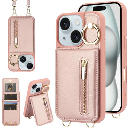 Jcxtrombulous Crossbody Wallet Case for iPhone 15 with Lanyard Strap Card Slot Holder [RFID Blocking] 360° Kickstand,Magnetic Flip Folio Zipper Purse Case, PU Leather Cover Handbag,Rose Gold