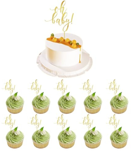 11 Stück Oh Baby Cake Topper Holz, Doppel-Seitiger Glitzer Acryl Kuchen Topper für Geburtstage, Partys, Hochzeiten, Valentinstag, Deko (Gold)