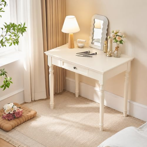Conabaen White Writing Desks with Drawers, 35 Solid Wood French Country Style Computer Desk for Home Office, Living Room Study or Workspace
