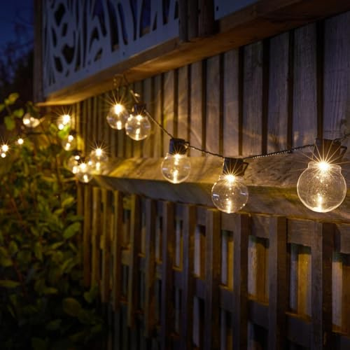 Set of 40 Solar Powered Glow Bulb String Lights – 10 Lumen Outdoor Garden Festoon Fairy Lighting with Warm White LEDs for Wall, Fence, Tree, Parasol, Gazebo, Parties – Total Length 18.4m