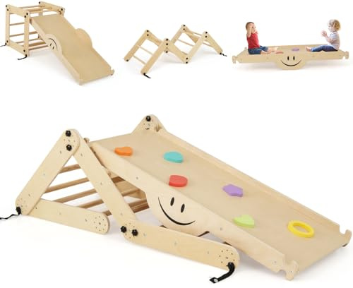 GYMAX 10 in 1 Kids Climbing Set, Foldable Wooden Toddler Climber with Reversible Ramp, Indoor Children Climbing Frame for 3 Years Old + Boys Girls (Natural)